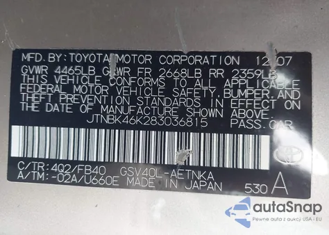 2008 Toyota Camry Le V6 z USA, uszkodzony, nr VIN JTNBK46K283036815